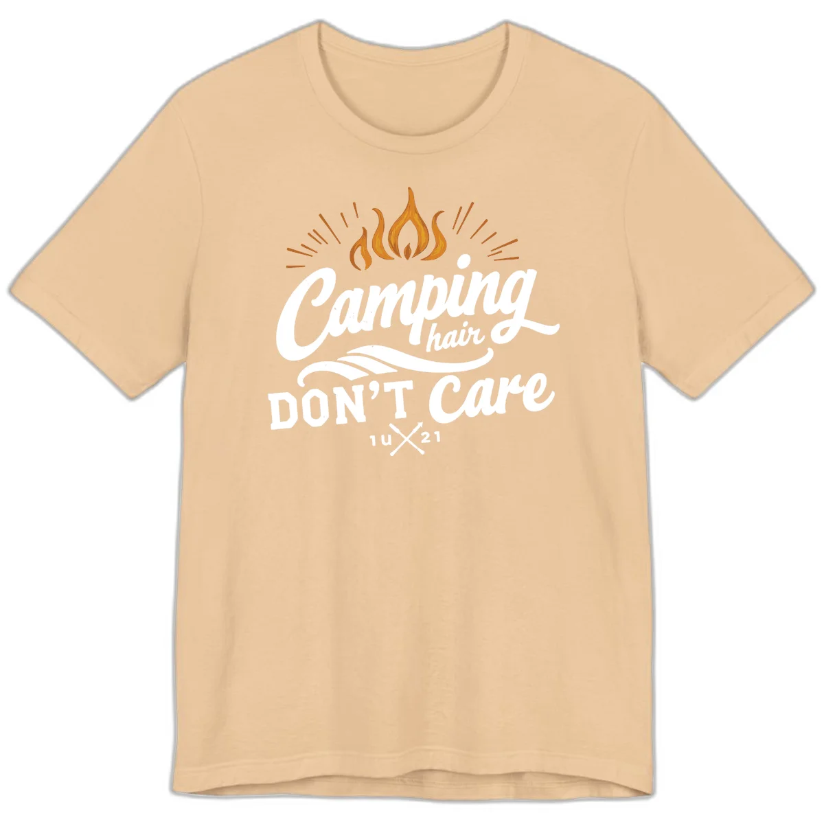 Camping hair don't care design with orange flame and radiating light rays in white lettering on gray background in Sand Dune