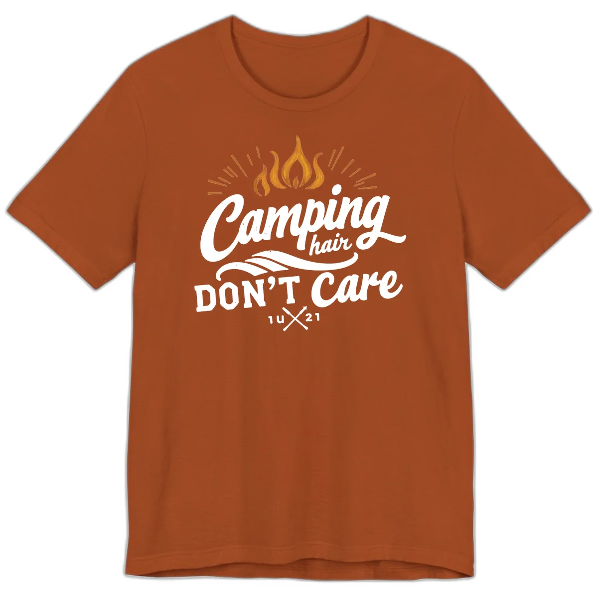 Camping hair don't care design with orange flame and radiating light rays in white lettering on gray background in Autumn
