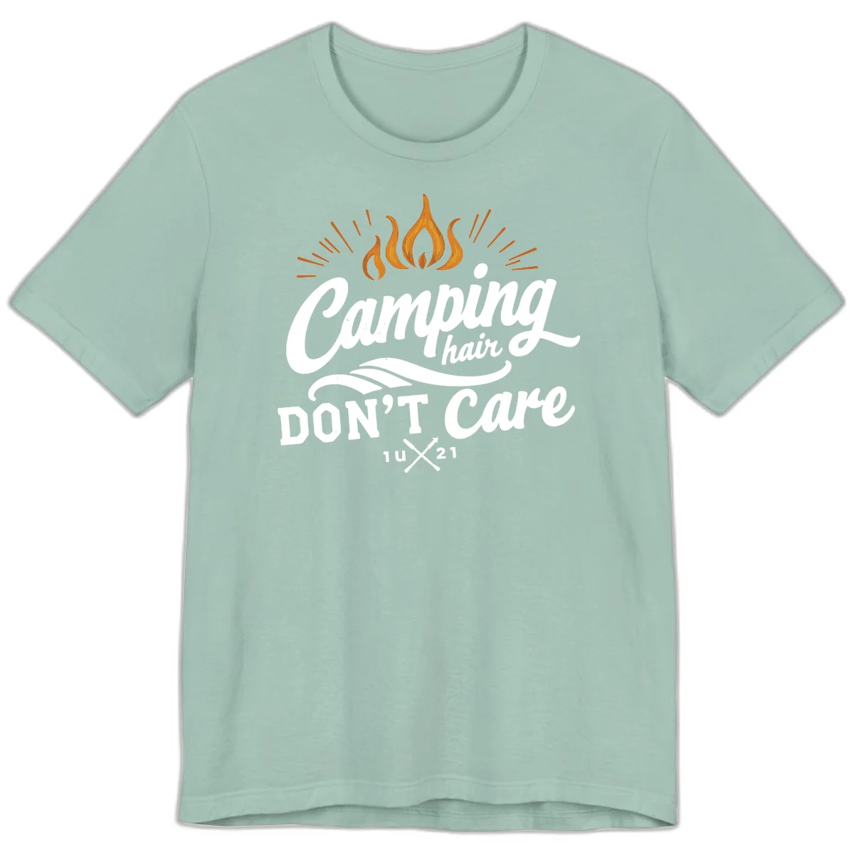 Camping hair don't care design with orange flame and radiating light rays in white lettering on gray background in Dusty Blue