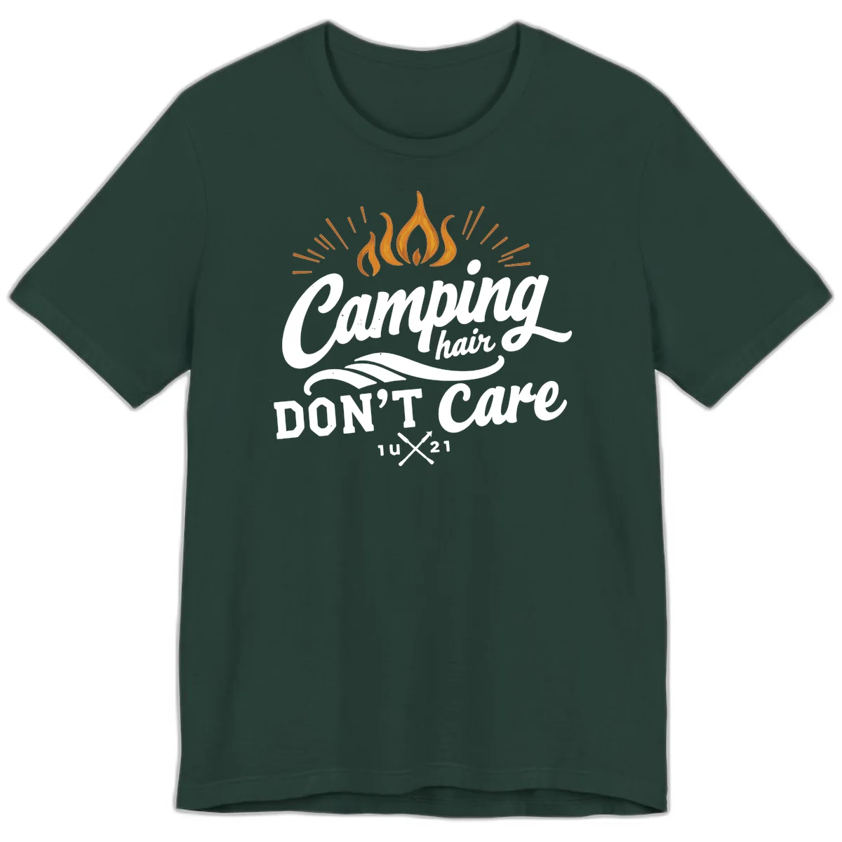 Camping hair don't care design with orange flame and radiating light rays in white lettering on gray background in Forest