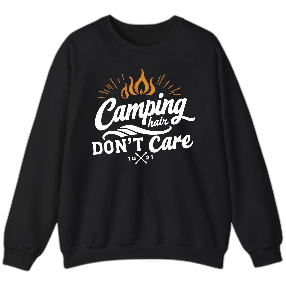 Camping hair don't care design with orange flame and radiating light rays in white lettering on gray background in Black