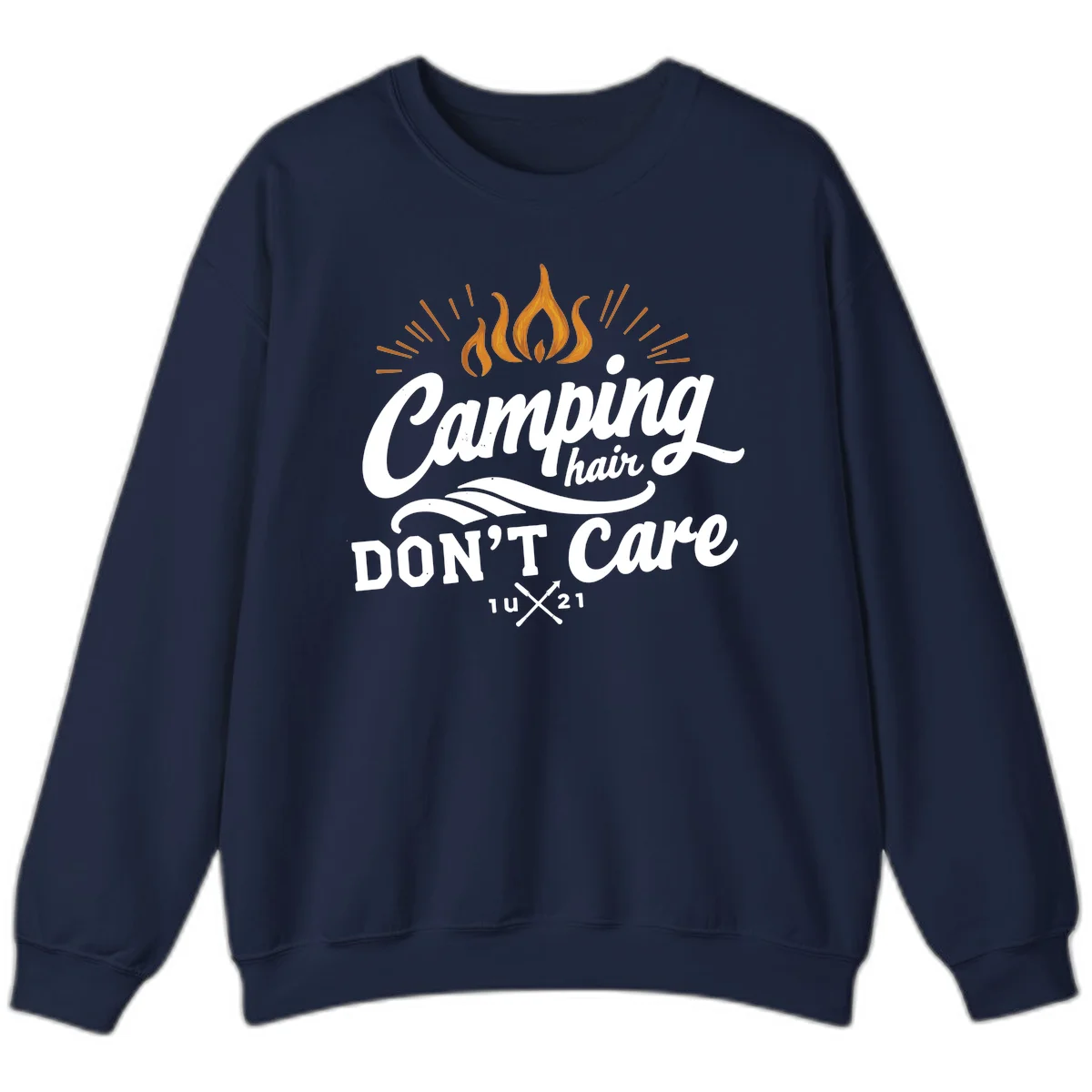 Camping hair don't care design with orange flame and radiating light rays in white lettering on gray background in Navy