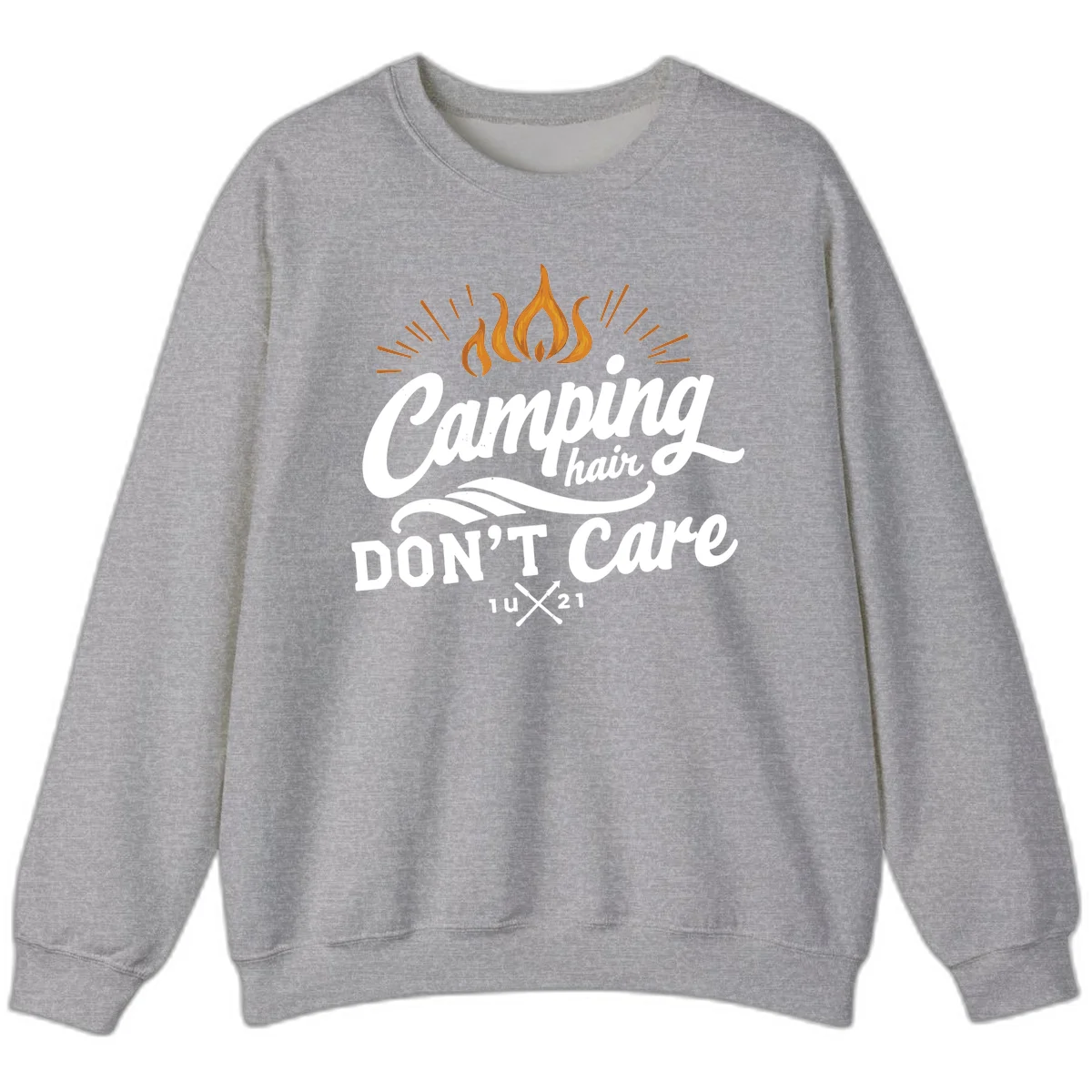 Camping hair don't care design with orange flame and radiating light rays in white lettering on gray background in Sport Grey