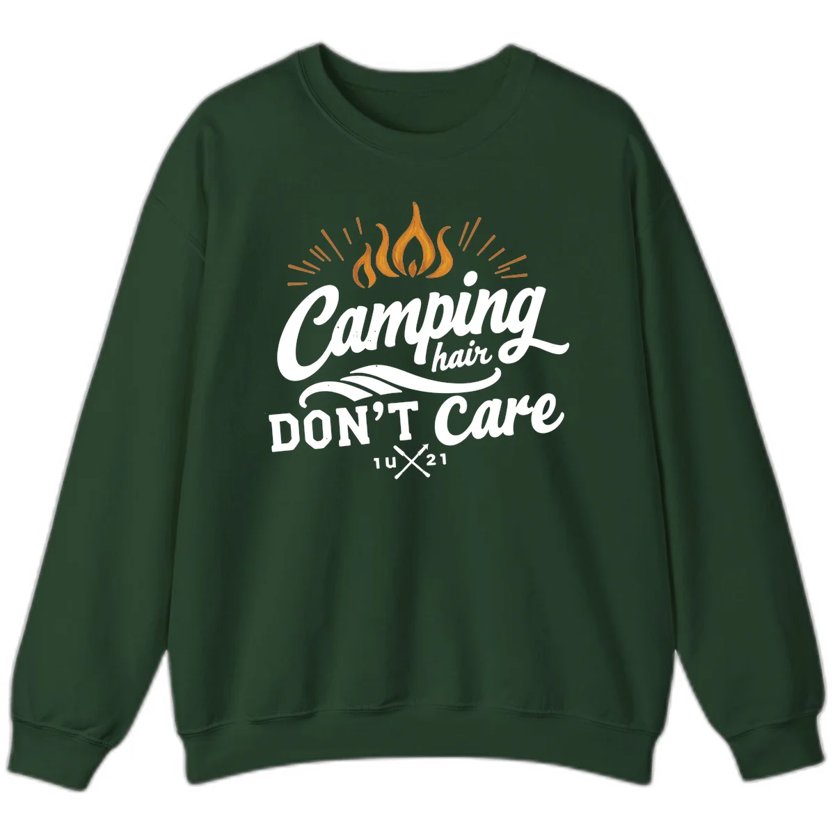 Camping hair don't care design with orange flame and radiating light rays in white lettering on gray background in Forest Green