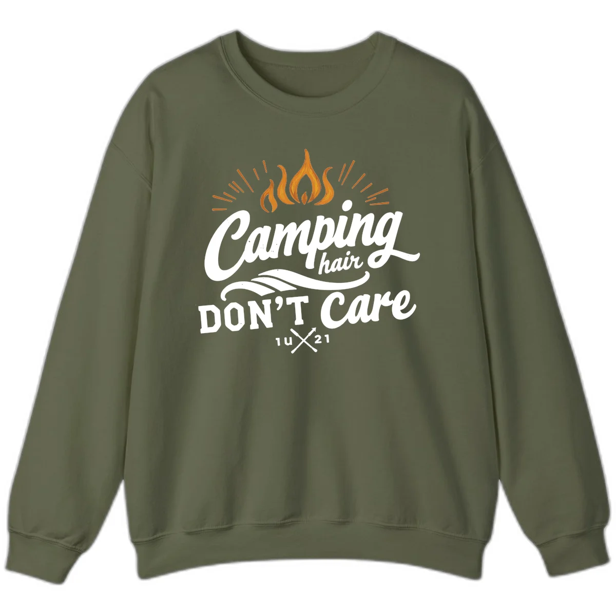 Camping hair don't care design with orange flame and radiating light rays in white lettering on gray background in Military Green