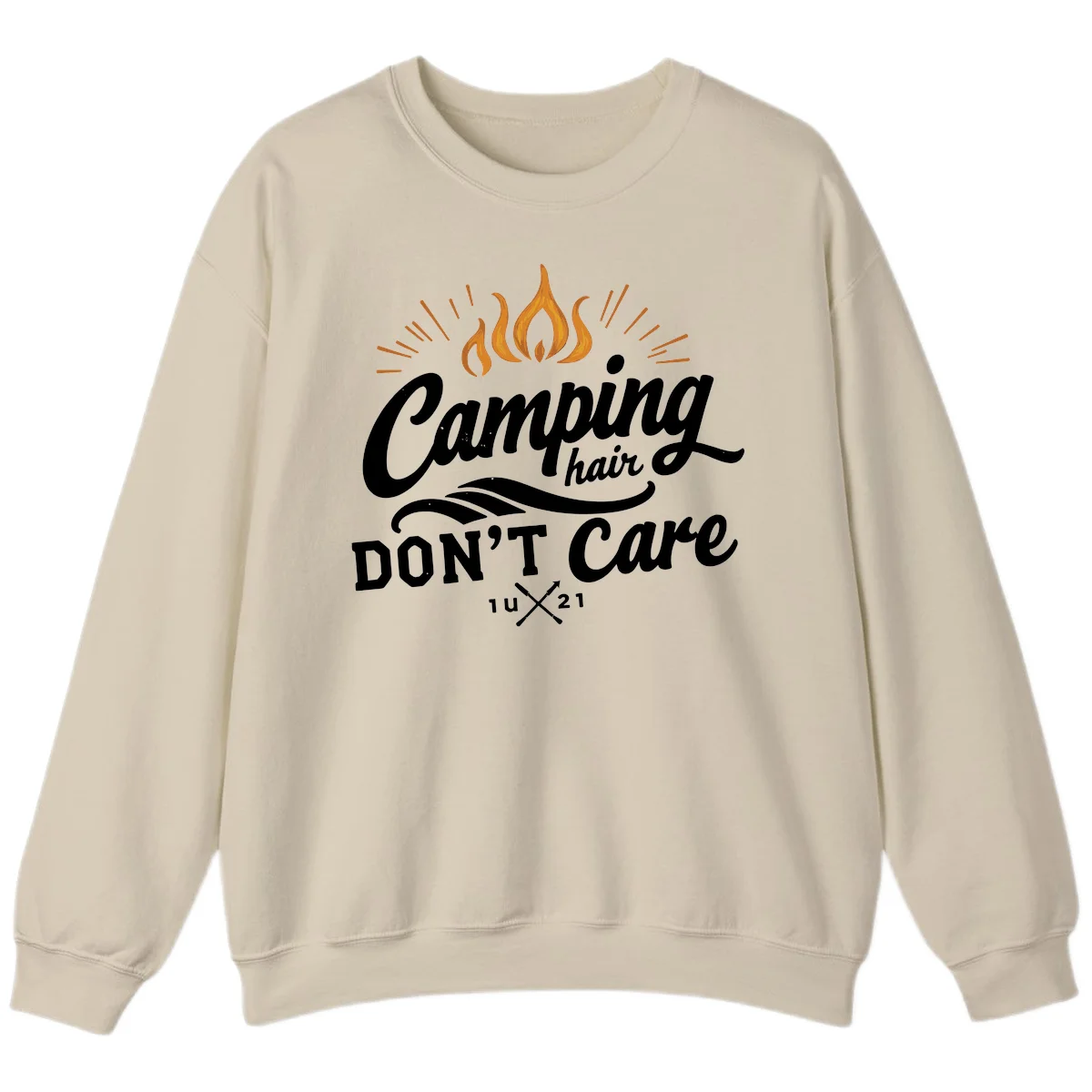 Camping hair don't care design with orange flame and radiating light rays in white lettering on gray background in Sand