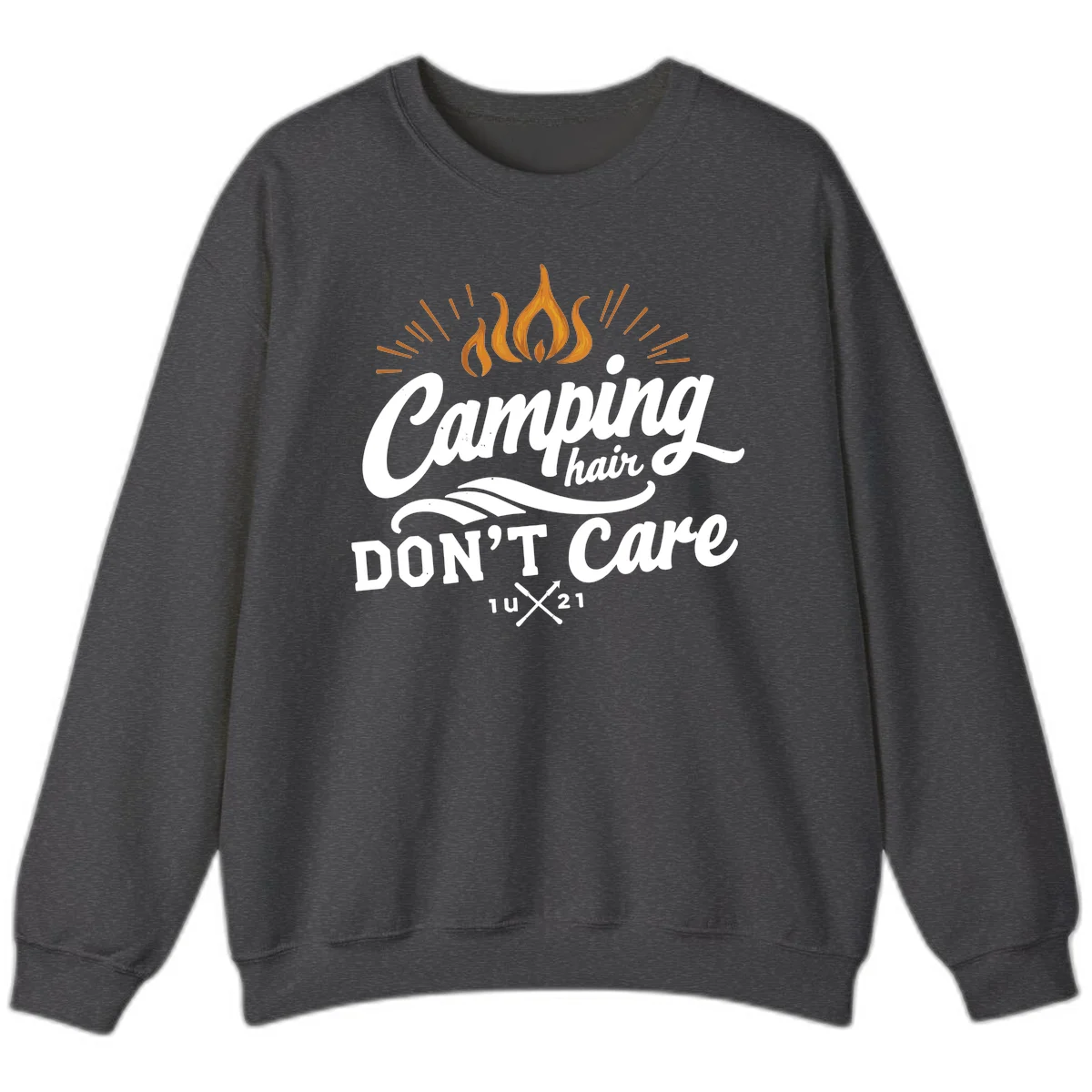 Camping hair don't care design with orange flame and radiating light rays in white lettering on gray background in Dark Heather