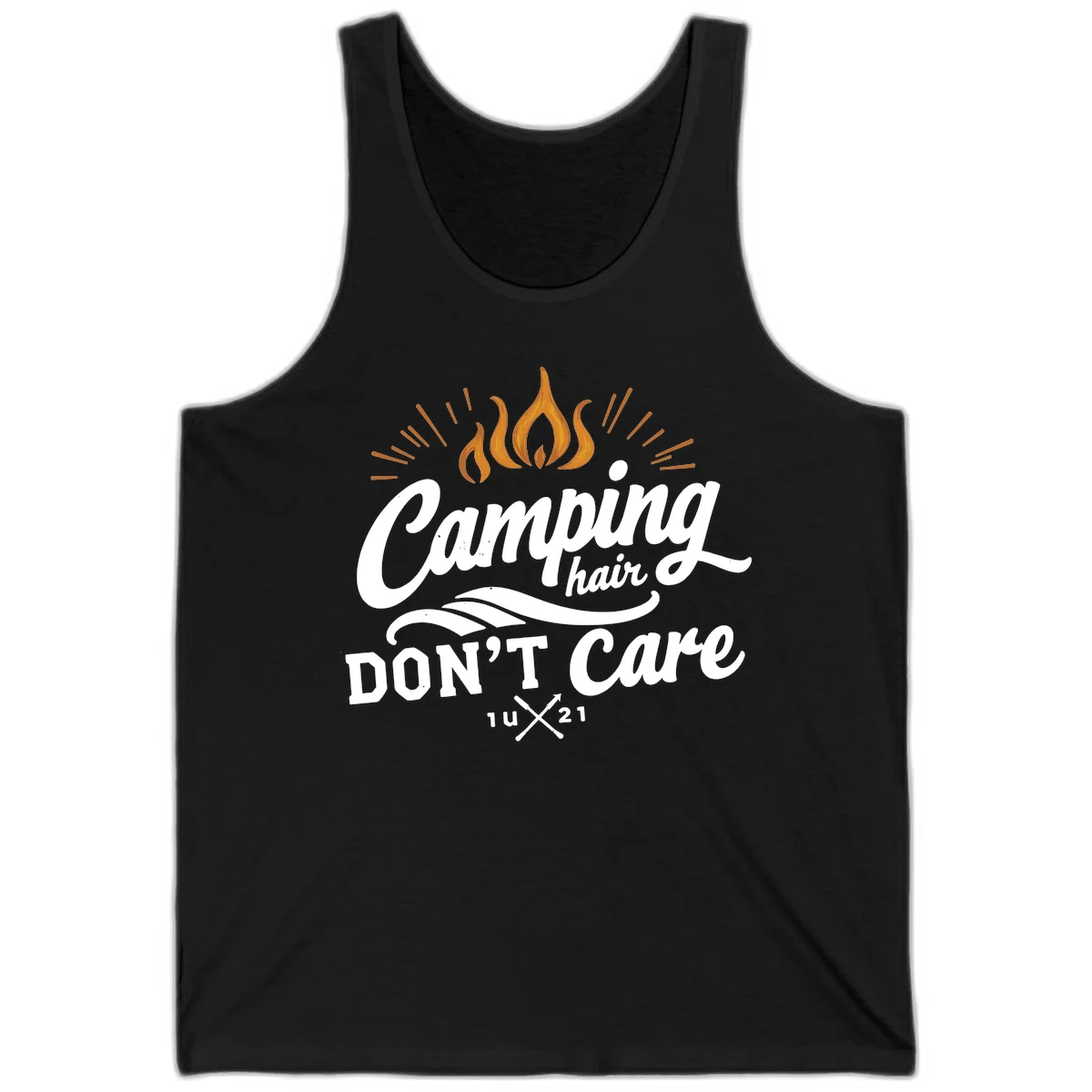Camping hair don't care design with orange flame and radiating light rays in white lettering on gray background in Black