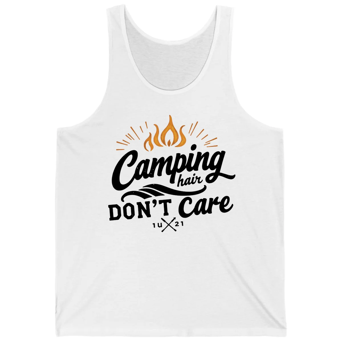 Camping hair don't care design with orange flame and radiating light rays in white lettering on gray background in White