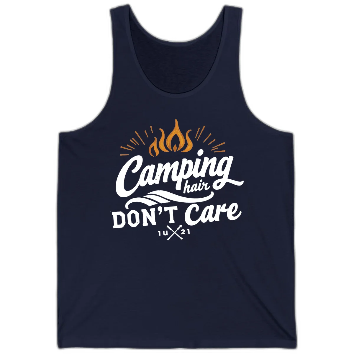 Camping hair don't care design with orange flame and radiating light rays in white lettering on gray background in Navy