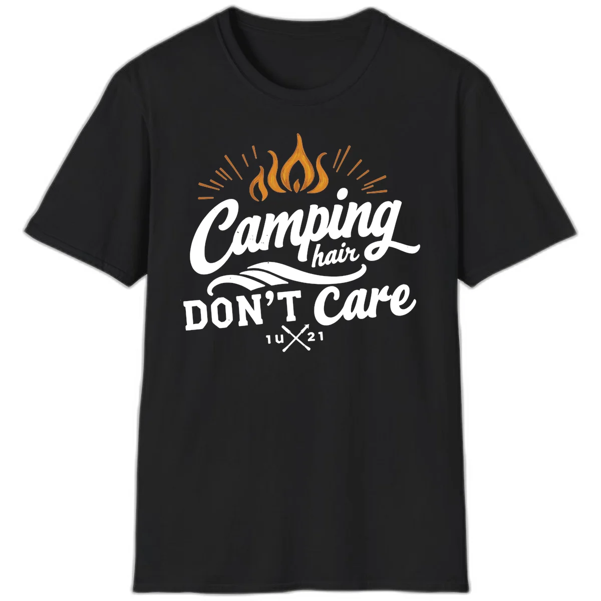 Camping hair don't care design with orange flame and radiating light rays in white lettering on gray background in Black