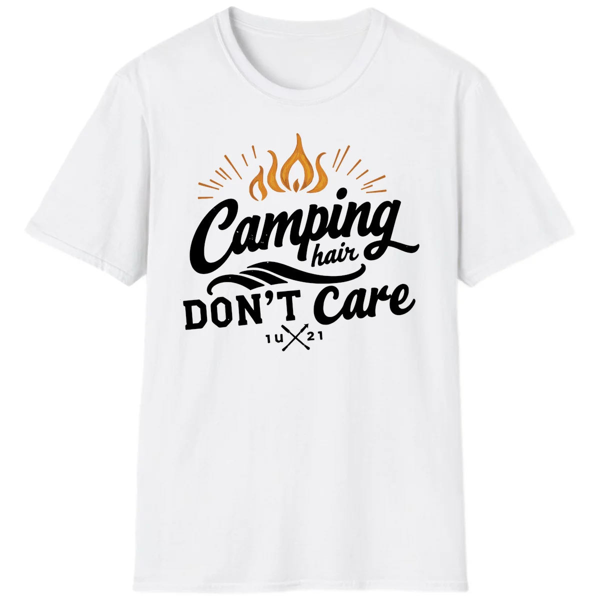 Camping hair don't care design with orange flame and radiating light rays in white lettering on gray background in White