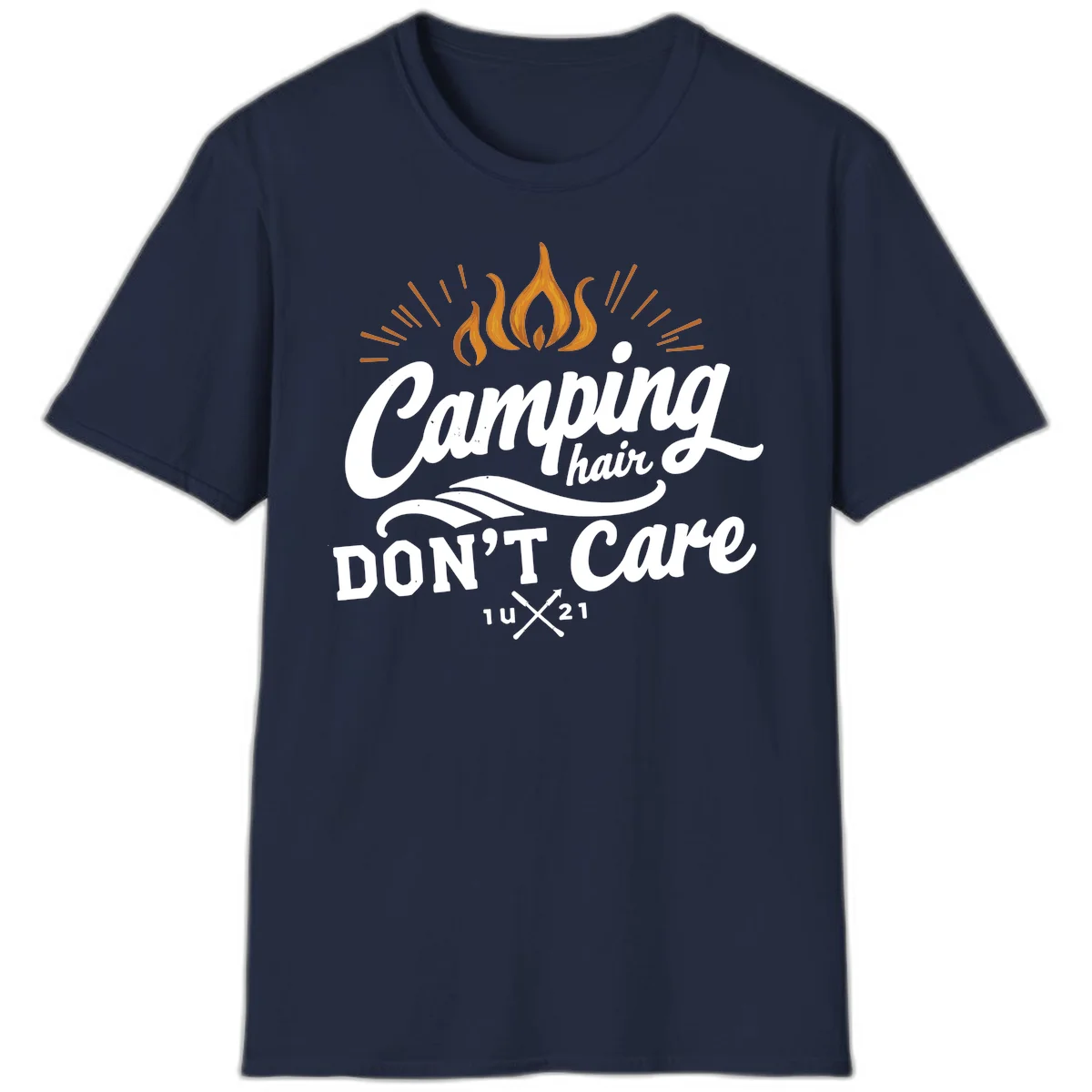 Camping hair don't care design with orange flame and radiating light rays in white lettering on gray background in Navy