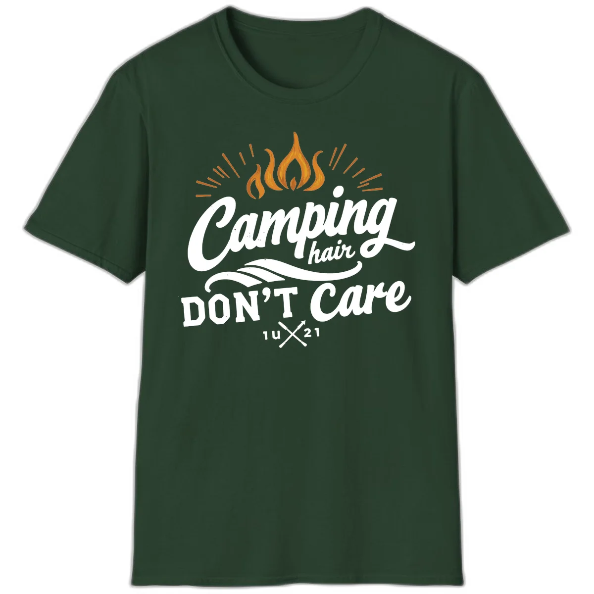 Camping hair don't care design with orange flame and radiating light rays in white lettering on gray background in Forest Green