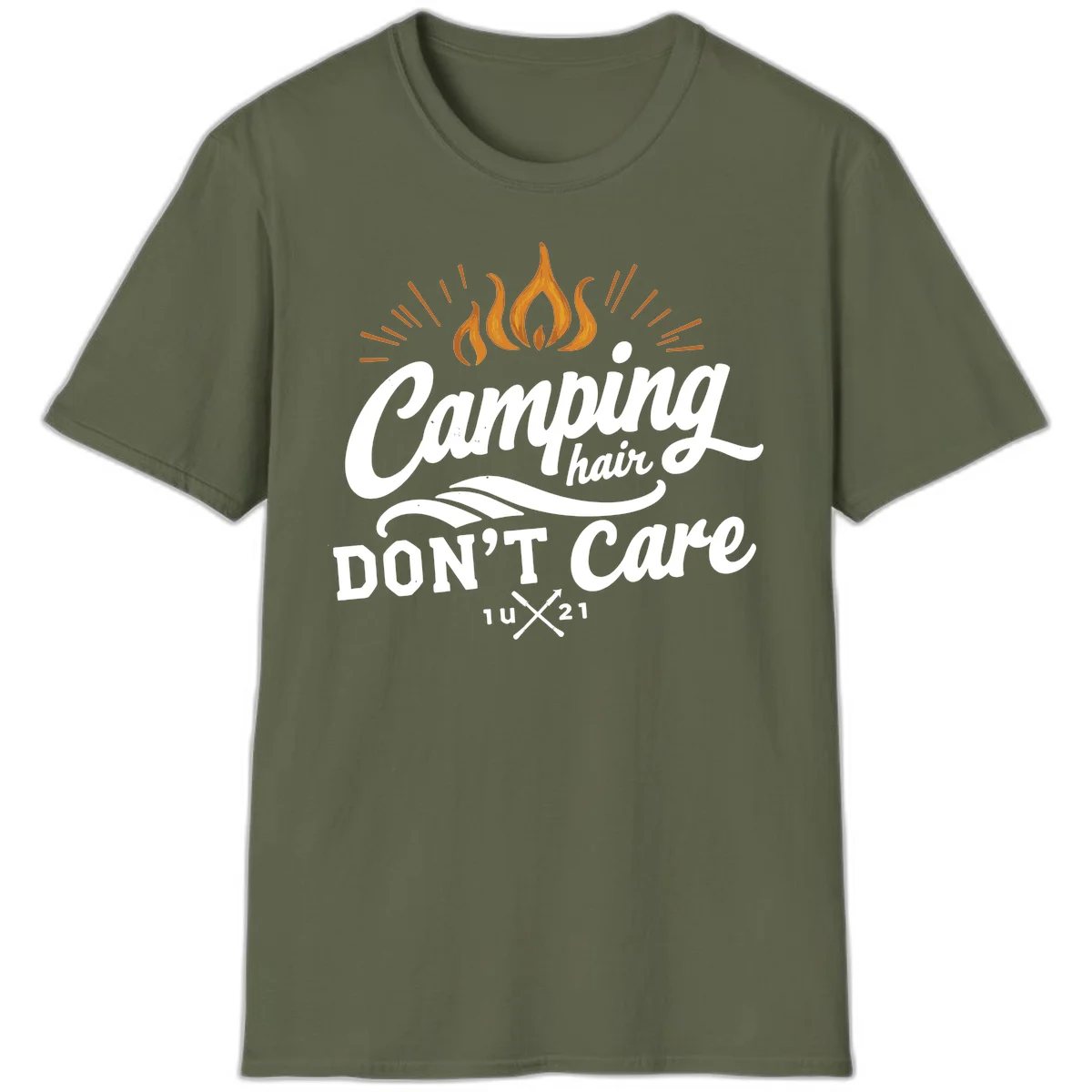 Camping hair don't care design with orange flame and radiating light rays in white lettering on gray background in Military Green
