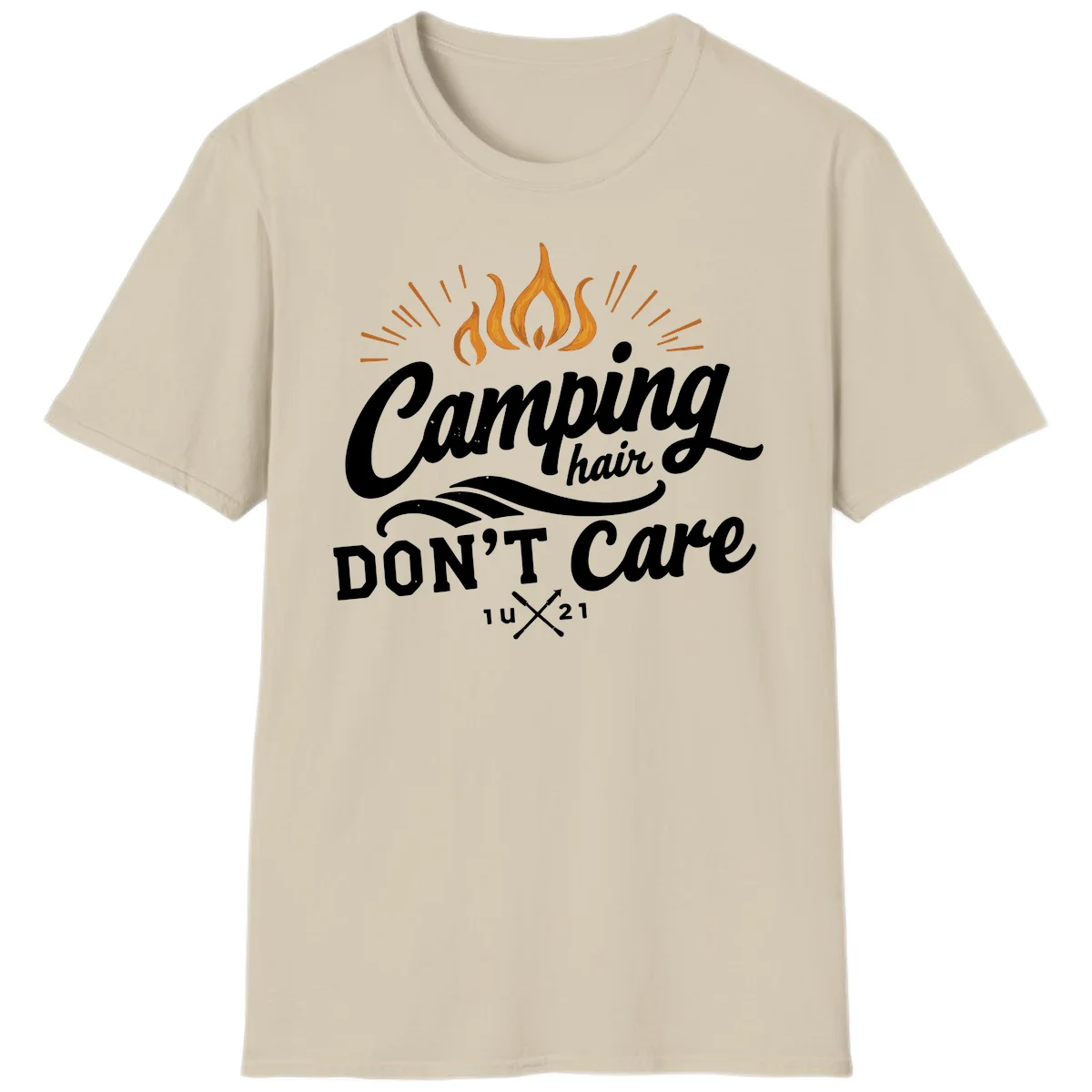 Camping hair don't care design with orange flame and radiating light rays in white lettering on gray background in Sand