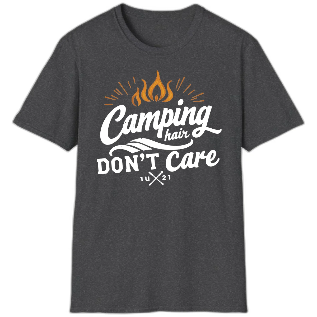 Camping hair don't care design with orange flame and radiating light rays in white lettering on gray background in Dark Heather