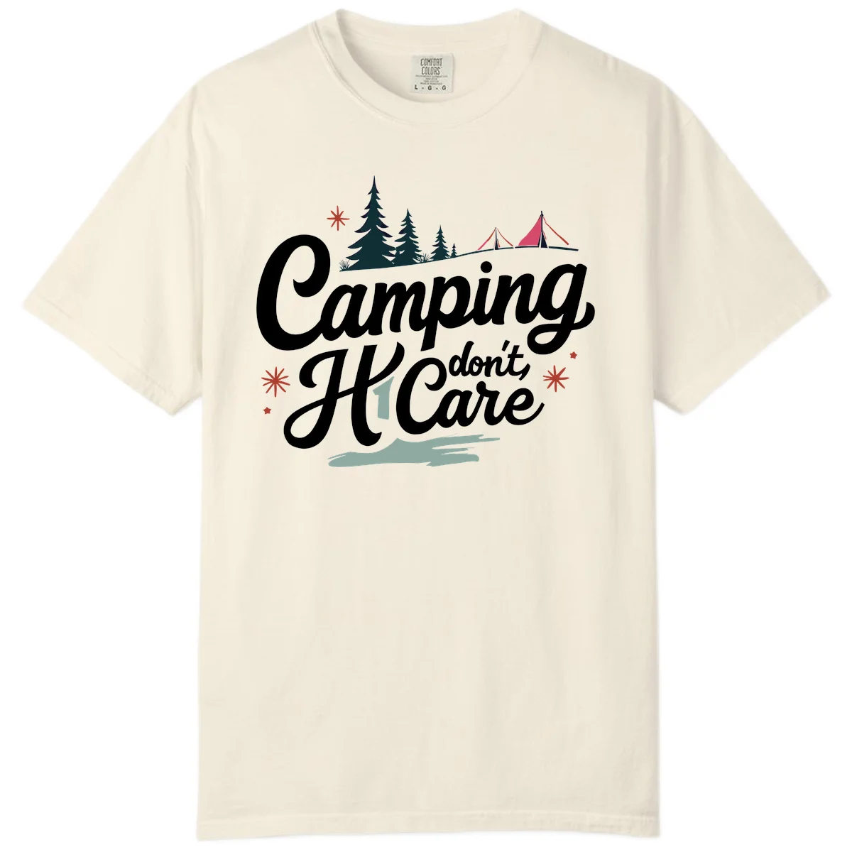 Camping I Don't Care design with white script text, evergreen trees, tents, stars, and scenic landscape on gray background in Ivory