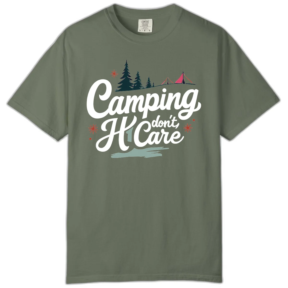 Camping I Don't Care design with white script text, evergreen trees, tents, stars, and scenic landscape on gray background in Moss