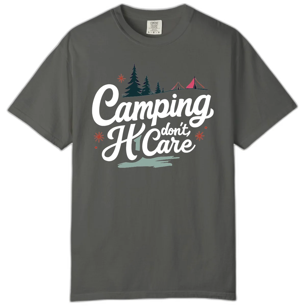 Camping I Don't Care design with white script text, evergreen trees, tents, stars, and scenic landscape on gray background in Pepper