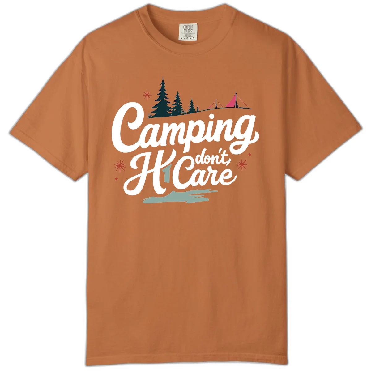 Camping I Don't Care design with white script text, evergreen trees, tents, stars, and scenic landscape on gray background in Yam