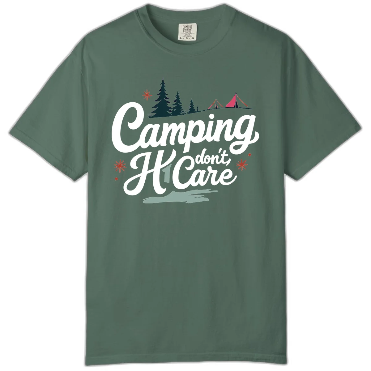 Camping I Don't Care design with white script text, evergreen trees, tents, stars, and scenic landscape on gray background in Blue Spruce