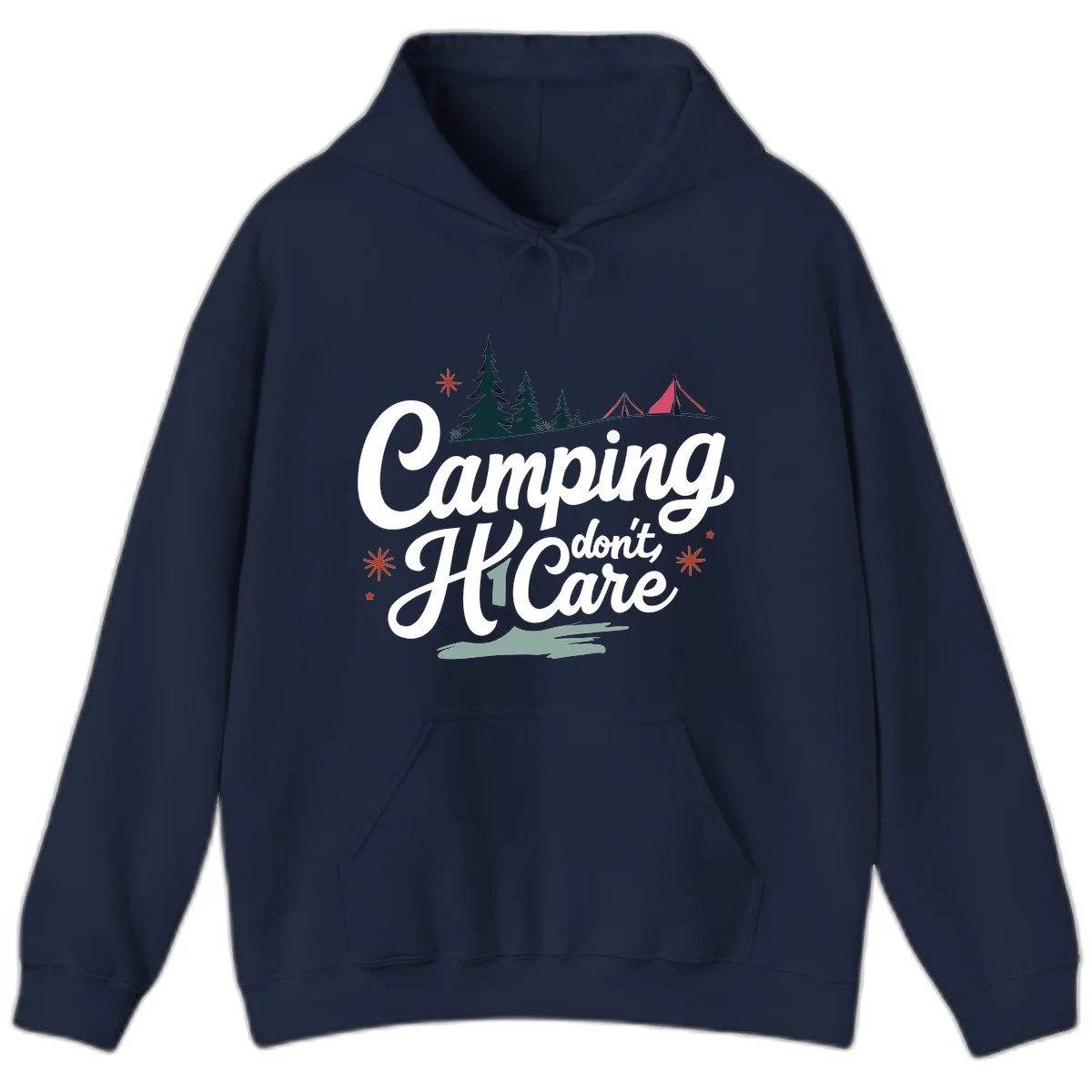 Camping I Don't Care design with white script text, evergreen trees, tents, stars, and scenic landscape on gray background in Navy