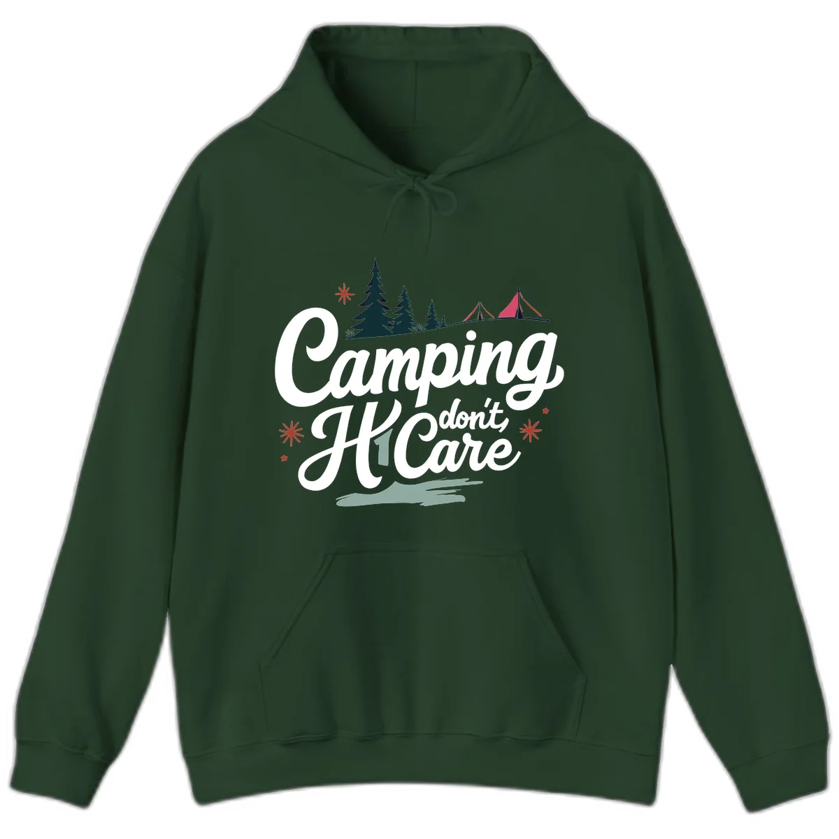 Camping I Don't Care design with white script text, evergreen trees, tents, stars, and scenic landscape on gray background in Forest Green