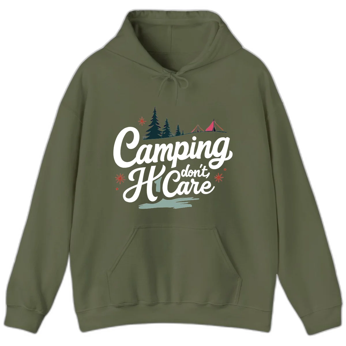 Camping I Don't Care design with white script text, evergreen trees, tents, stars, and scenic landscape on gray background in Military Green