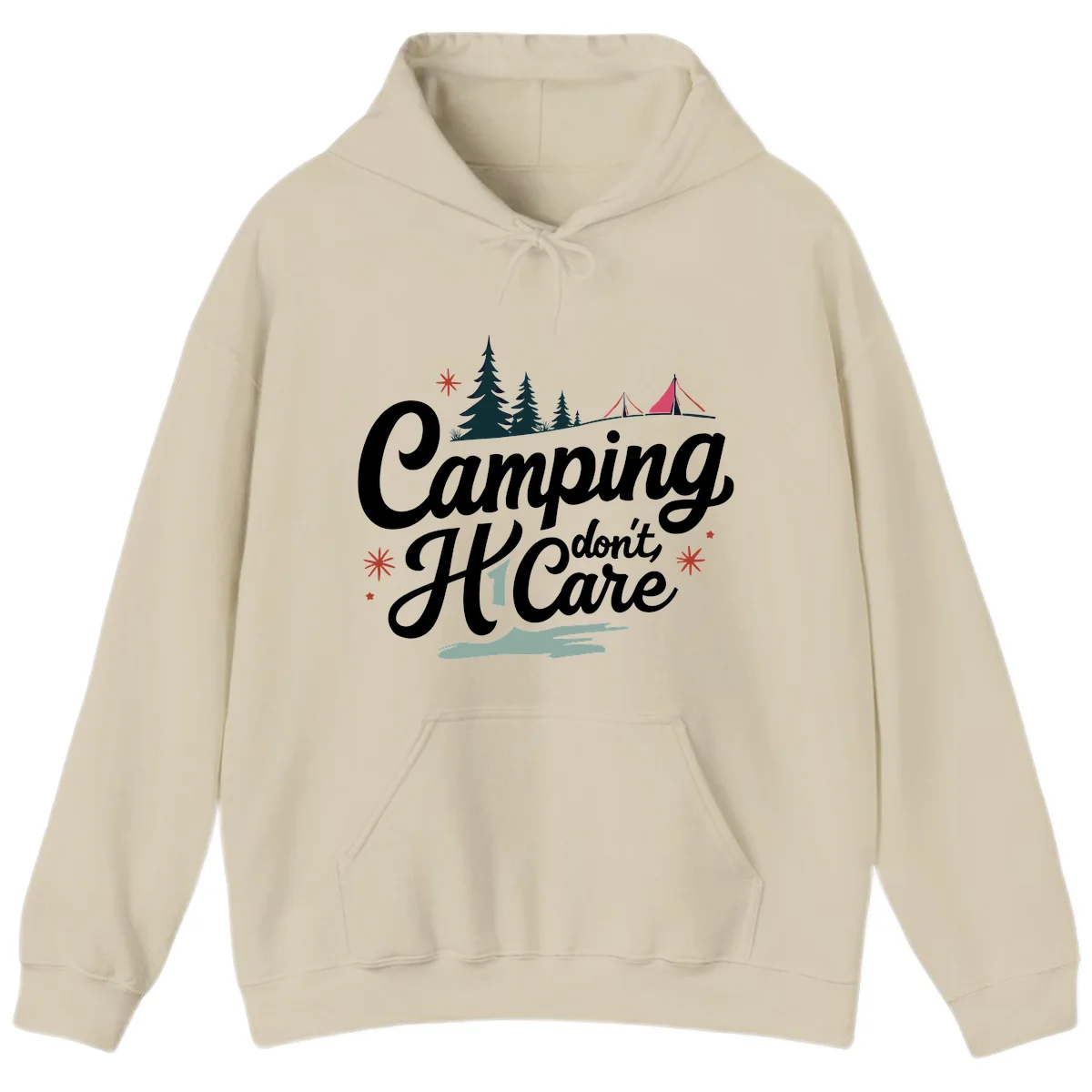 Camping I Don't Care design with white script text, evergreen trees, tents, stars, and scenic landscape on gray background in Sand