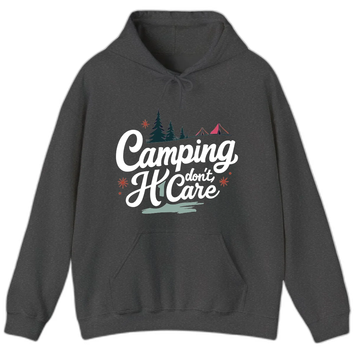 Camping I Don't Care design with white script text, evergreen trees, tents, stars, and scenic landscape on gray background in Dark Heather