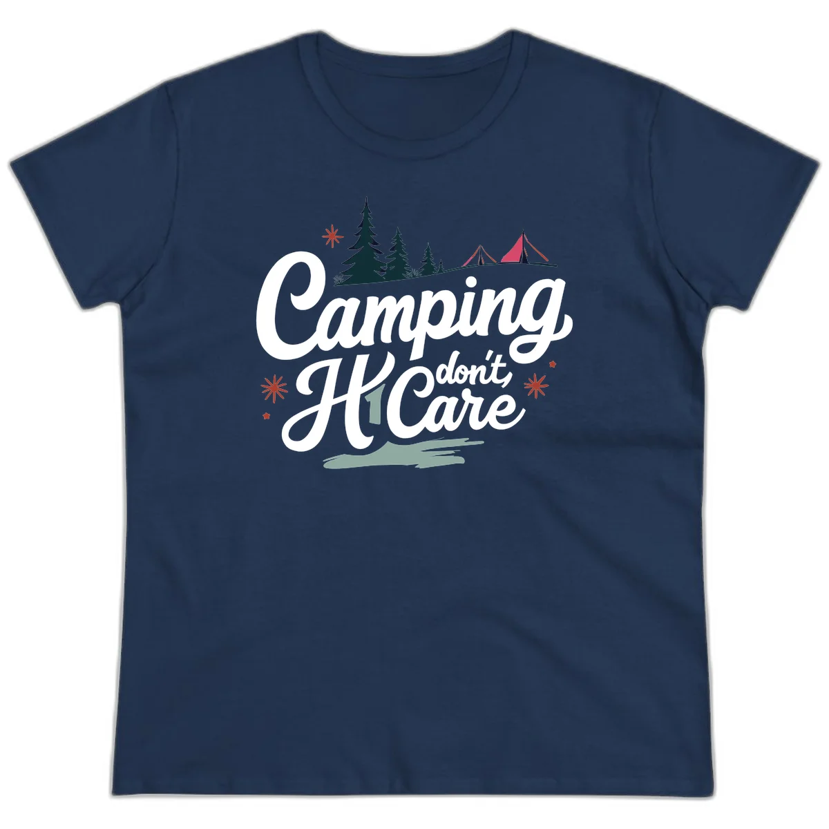 Camping I Don't Care design with white script text, evergreen trees, tents, stars, and scenic landscape on gray background in Navy