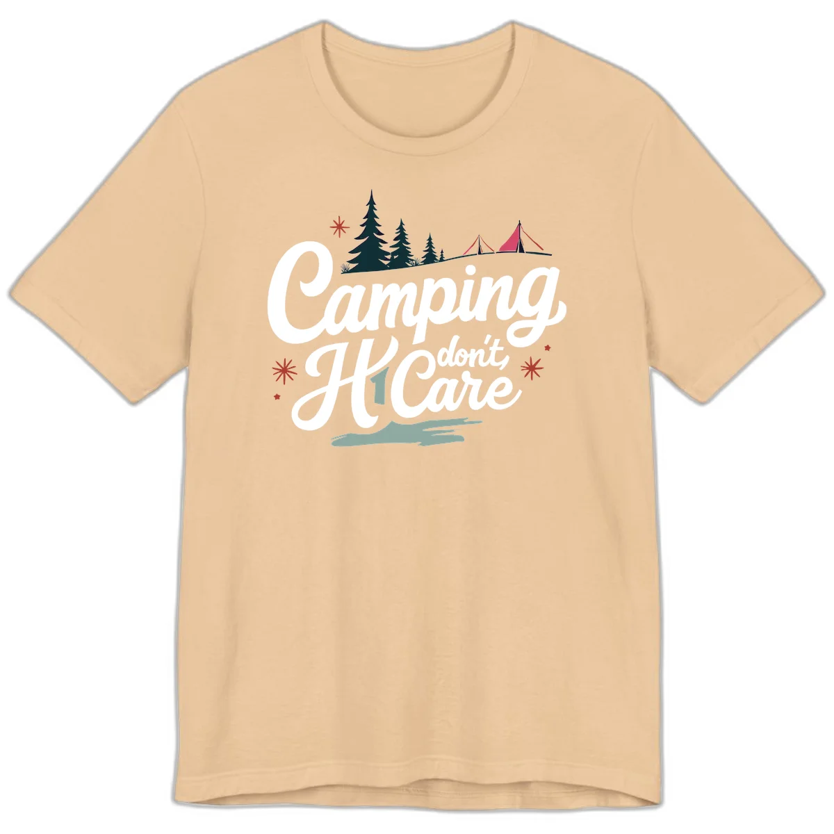 Camping I Don't Care design with white script text, evergreen trees, tents, stars, and scenic landscape on gray background in Sand Dune