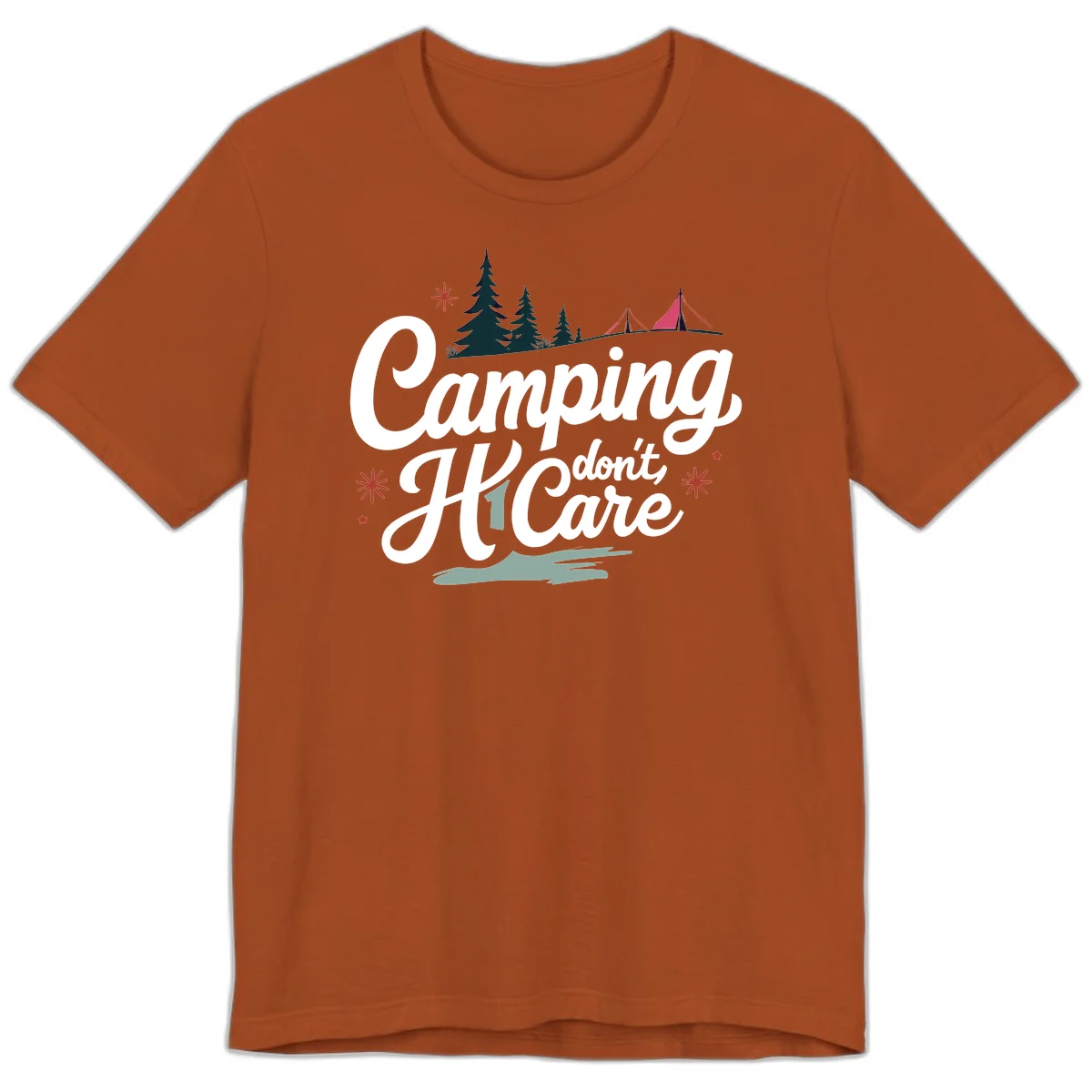 Camping I Don't Care design with white script text, evergreen trees, tents, stars, and scenic landscape on gray background in Autumn