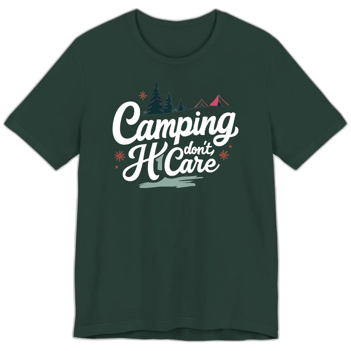 Camping I Don't Care design with white script text, evergreen trees, tents, stars, and scenic landscape on gray background in Forest