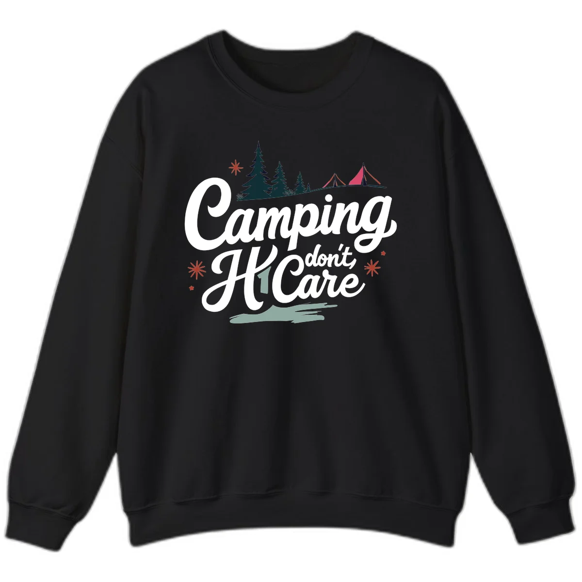 Camping I Don't Care design with white script text, evergreen trees, tents, stars, and scenic landscape on gray background in Black
