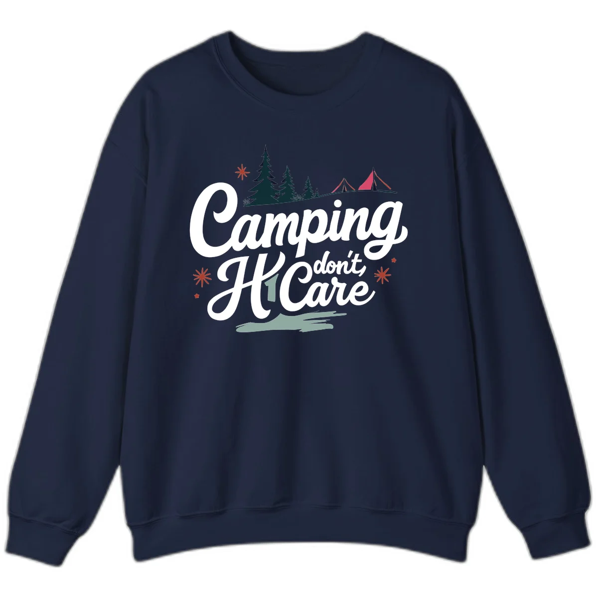 Camping I Don't Care design with white script text, evergreen trees, tents, stars, and scenic landscape on gray background in Navy