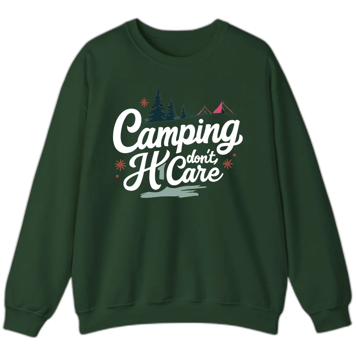 Camping I Don't Care design with white script text, evergreen trees, tents, stars, and scenic landscape on gray background in Forest Green