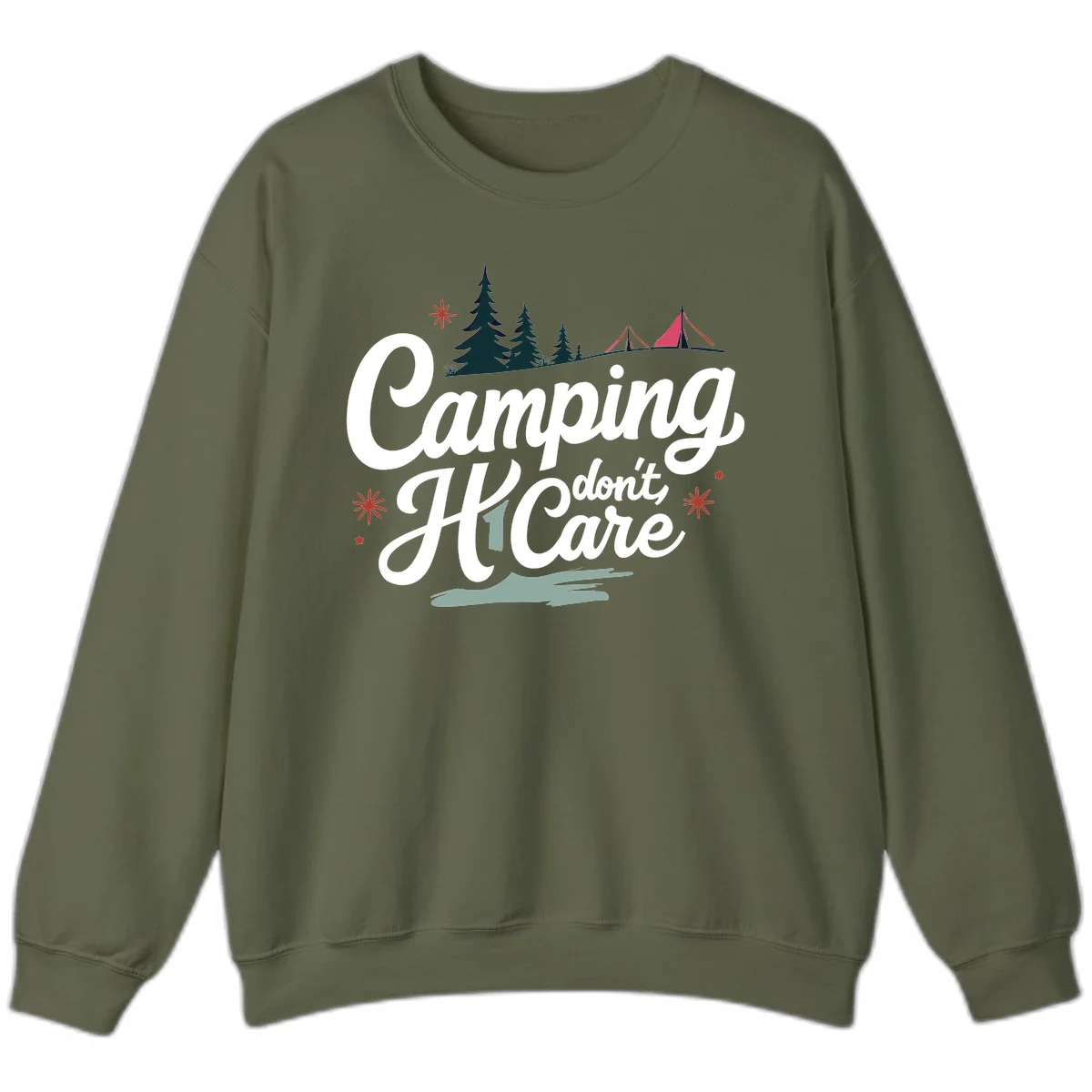 Camping I Don't Care design with white script text, evergreen trees, tents, stars, and scenic landscape on gray background in Military Green