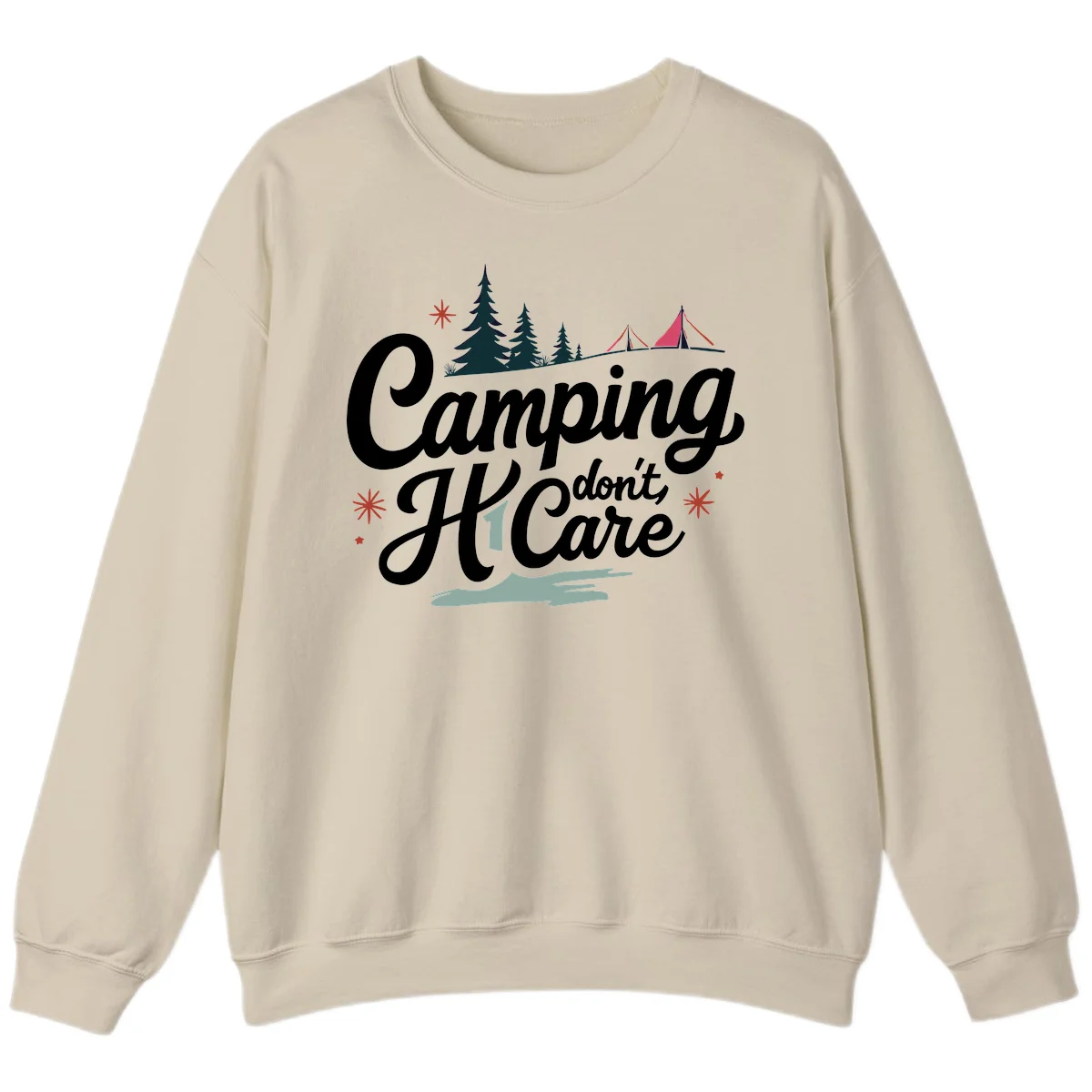 Camping I Don't Care design with white script text, evergreen trees, tents, stars, and scenic landscape on gray background in Sand