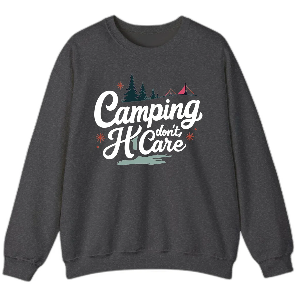 Camping I Don't Care design with white script text, evergreen trees, tents, stars, and scenic landscape on gray background in Dark Heather