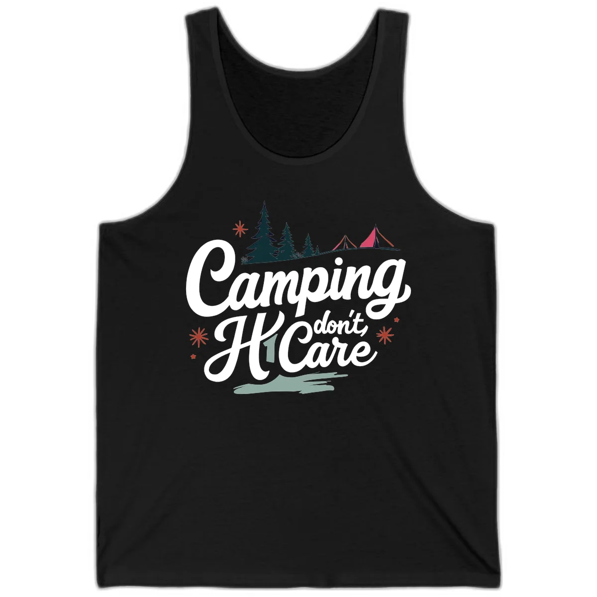 Camping I Don't Care design with white script text, evergreen trees, tents, stars, and scenic landscape on gray background in Black
