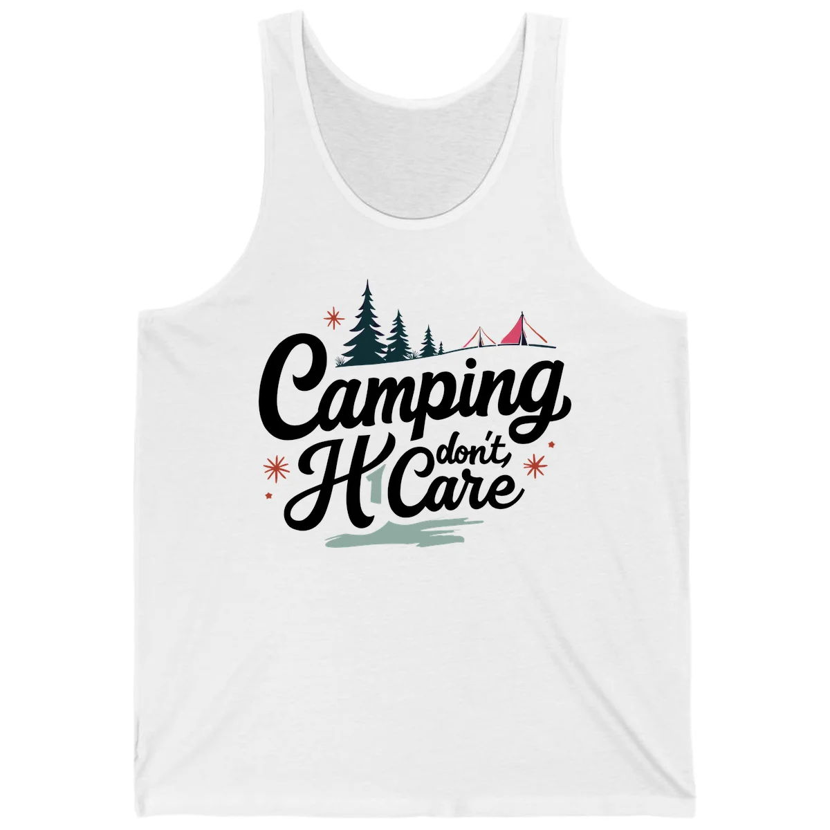 Camping I Don't Care design with white script text, evergreen trees, tents, stars, and scenic landscape on gray background in White