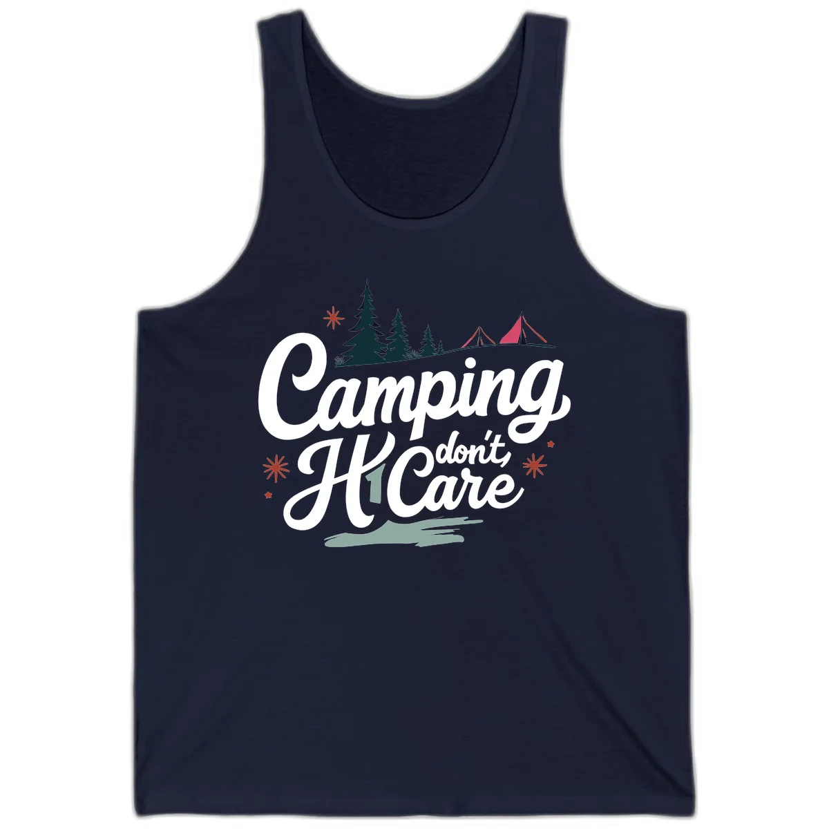 Camping I Don't Care design with white script text, evergreen trees, tents, stars, and scenic landscape on gray background in Navy
