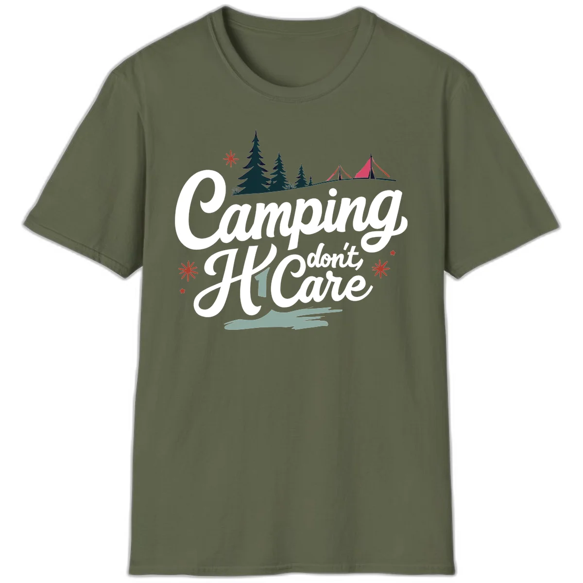 Camping I Don't Care design with white script text, evergreen trees, tents, stars, and scenic landscape on gray background in Military Green