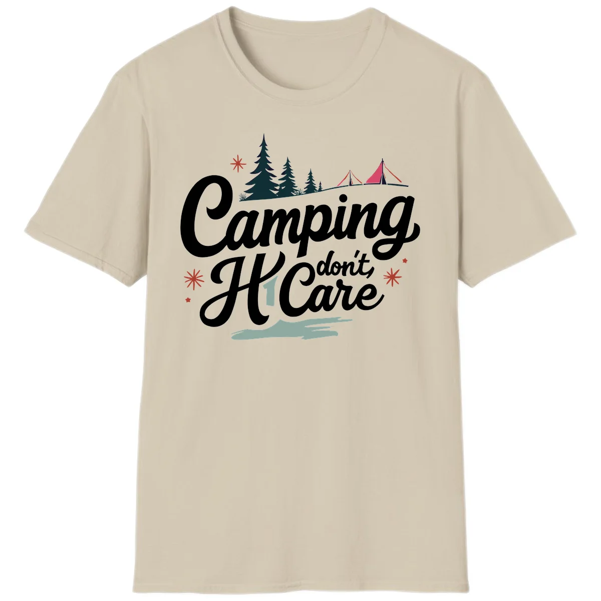 Camping I Don't Care design with white script text, evergreen trees, tents, stars, and scenic landscape on gray background in Sand