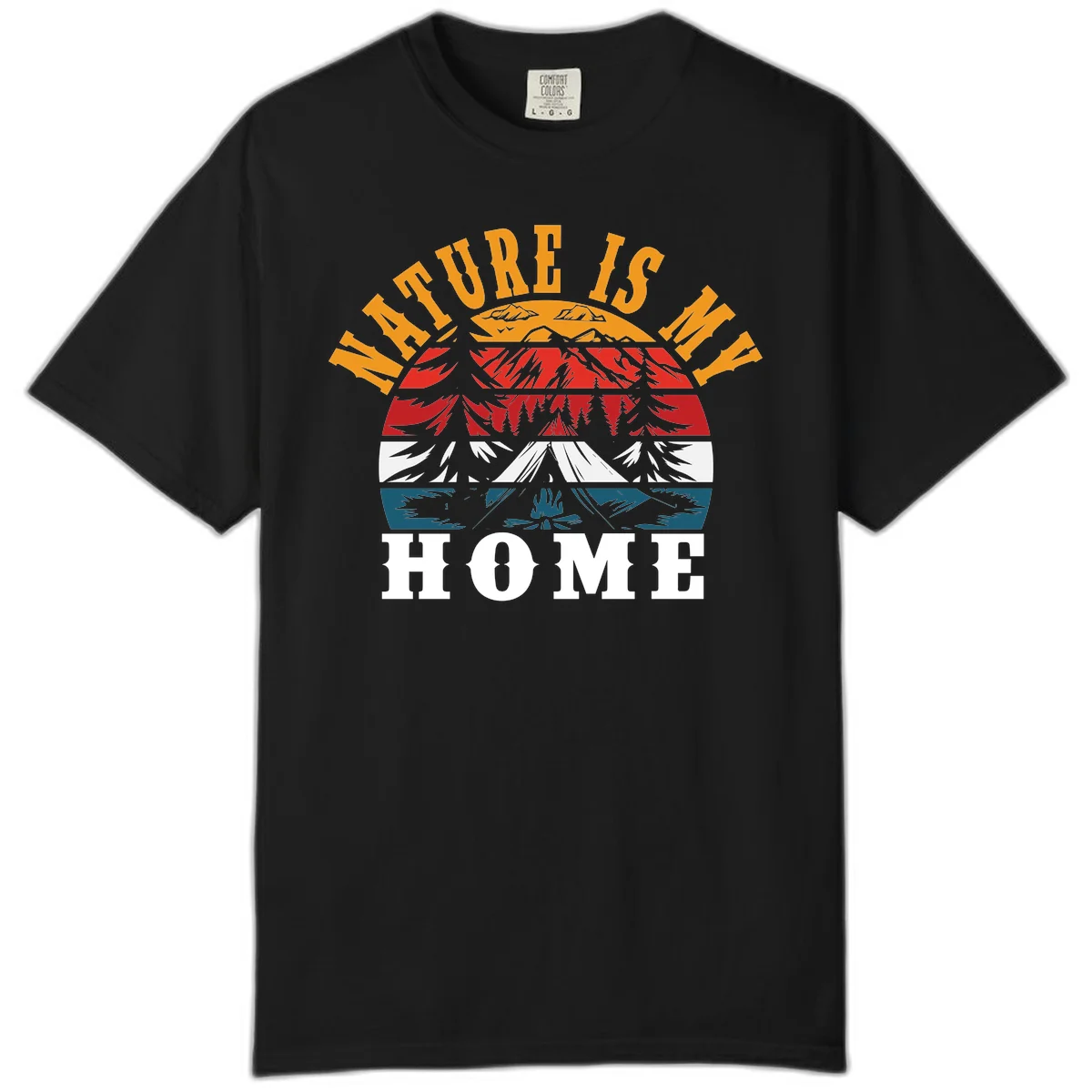 Nature Is Home mountain camping graphic with layered landscape, campfire, forest, and golden sun rays text design in Black