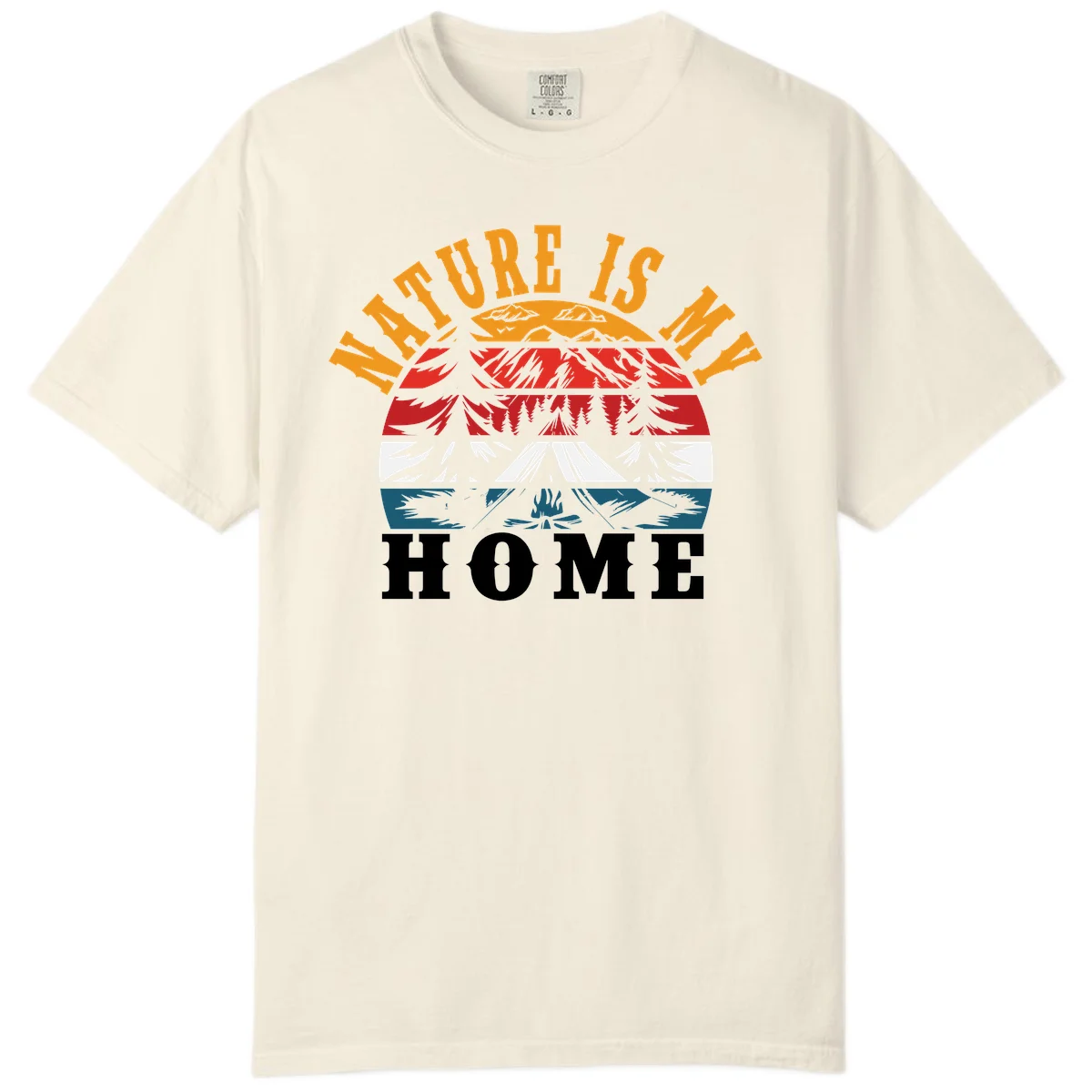 Nature Is Home mountain camping graphic with layered landscape, campfire, forest, and golden sun rays text design in Ivory