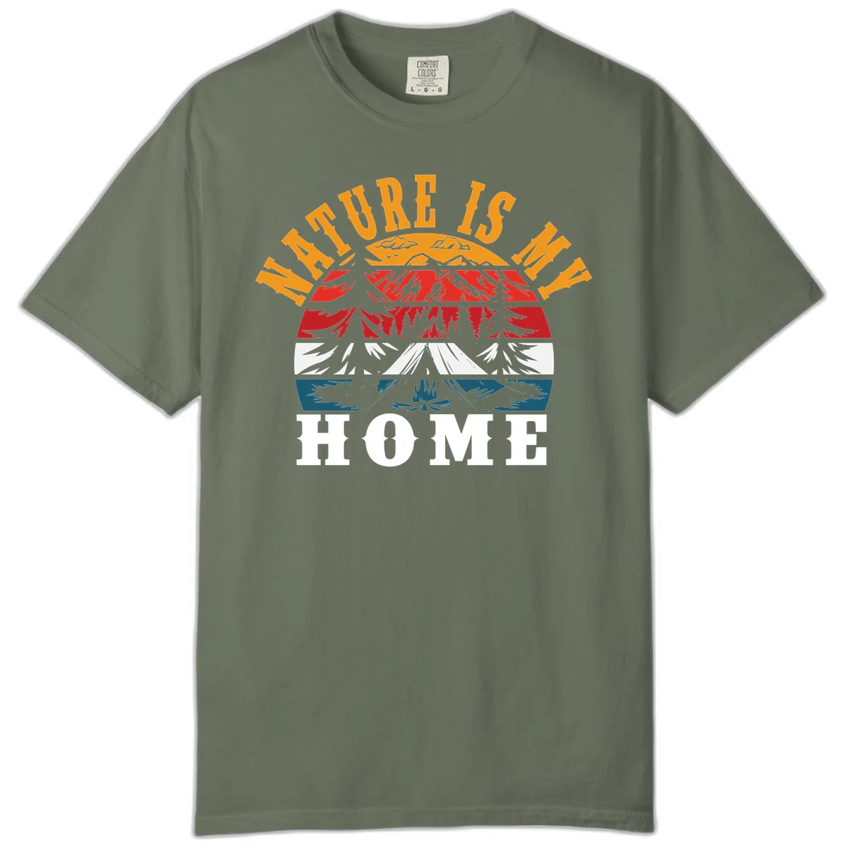 Nature Is Home mountain camping graphic with layered landscape, campfire, forest, and golden sun rays text design in Moss