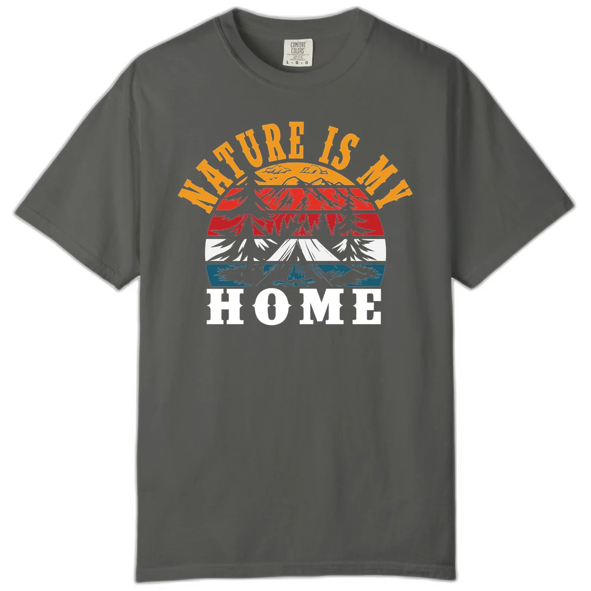 Nature Is Home mountain camping graphic with layered landscape, campfire, forest, and golden sun rays text design in Pepper